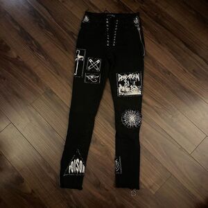 Dolls Kill Current Mood Stitch Lace-Up Patchwork Jeans black stretch denim s